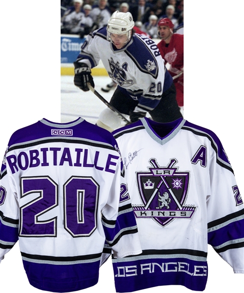Luc Robitailles 2000-01 Los Angeles Kings Signed Game-Worn Alternate Captains Jersey from His Personal Collection with His Signed LOA - Team Repairs!