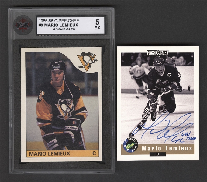 1985-86 O-Pee-Chee Hockey Card #9 HOFer Mario Lemieux Rookie (Graded KSA 5) and 1992 Classic Draft Picks Mario Lemieux Signed Hockey Card (642/2000)
