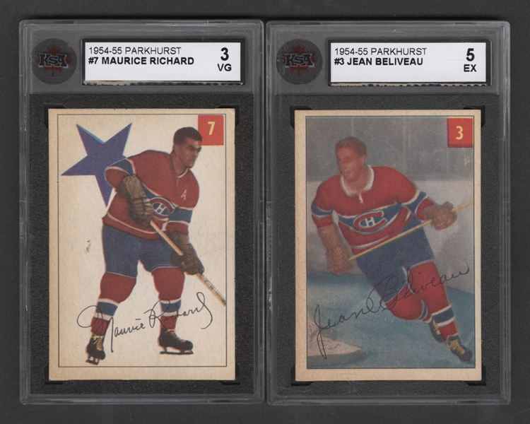 1954-55 Parkhurst Hockey Card #3 HOFer Jean Beliveau (Graded KSA 5) and 1954-55 Parkhurst Hockey Card #7 HOFer Maurice Richard (Graded KSA 3)