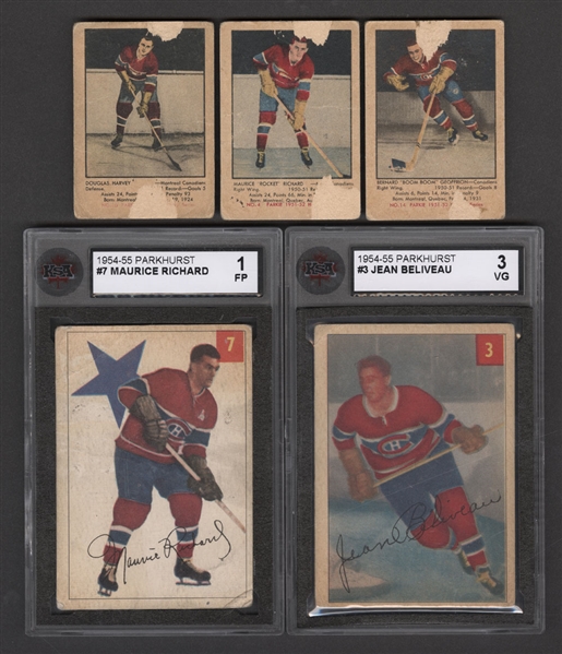 1951-52 to 1954-55 Parkhurst Montreal Canadiens Hockey Cards (6) Including 1951-52 #4 HOFer Maurice Richard Rookie and KSA-Graded 1954-55 Parkhurst Hockey Cards of Maurice Richard and Jean Beliveau