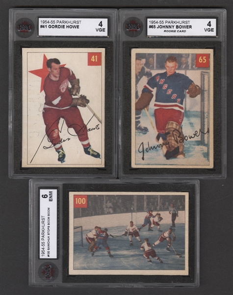1952-53 to 1957-58 Parkhurst and Topps Hockey Cards (8) Including 1954-55 Parkhurst #65 HOFer Johnny Bower Rookie (KSA 4), #41 HOFer Gordie Howe (KSA 4) and #100 HOFers Sawchuk/Geoffrion (KSA 6)