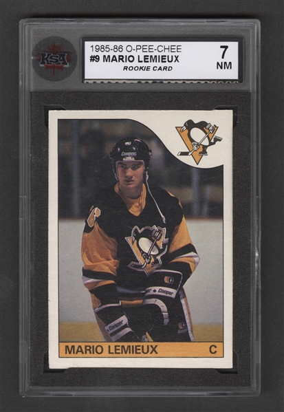 1985-86 O-Pee-Chee Hockey Card #9 HOFer Mario Lemieux Rookie - Graded KSA 7