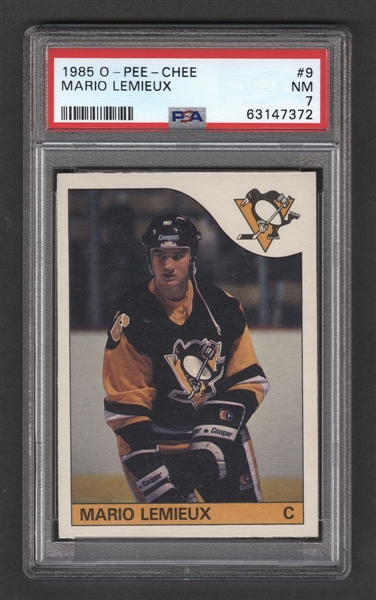 1985-86 O-Pee-Chee Hockey Card #9 HOFer Mario Lemieux Rookie - Graded PSA 7