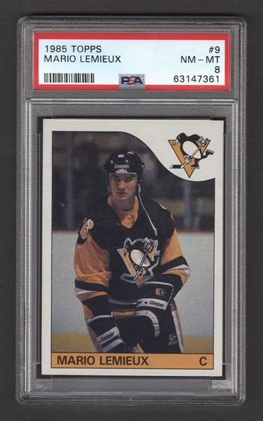 1985-86 Topps Hockey Card #9 HOFer Mario Lemieux Rookie - Graded PSA 8