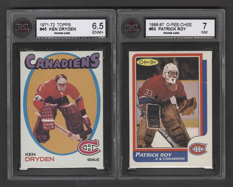 1971-72 Topps Hockey Card #45 HOFer Ken Dryden Rookie (Graded KSA 6.5) and 1986-87 O-Pee-Chee Hockey Card #53 HOFer Patrick Roy Rookie (Graded KSA 7)