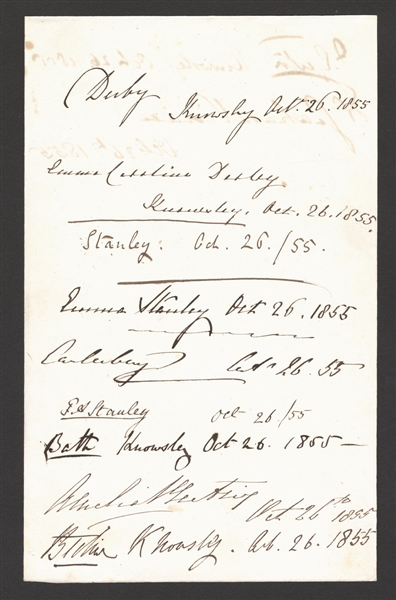 Stanley Family 1855 Multi-Signed Sheet Featuring Frederick Arthur Stanley (16th Earl of Derby - Donator of the Stanley Cup)