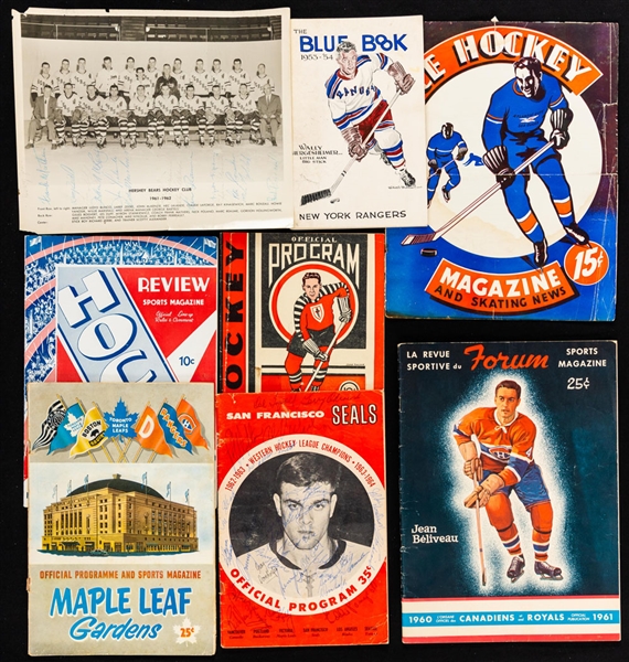 Vintage Hockey Program, Team Photo & Equipment Collection of 35 including 1960s Team-Signed Hershey Bears Team Photo and San Francisco Seals Program 