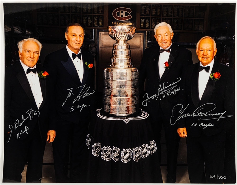 Jean Beliveau, Guy Lafleur, Henri Richard and Yvan Cournoyer Multi-Signed Limited-Edition Photo #64/100 with LOA and Emile "Butch" Bouchard Autographed #3 Jersey Retirement Framed Photo Display
