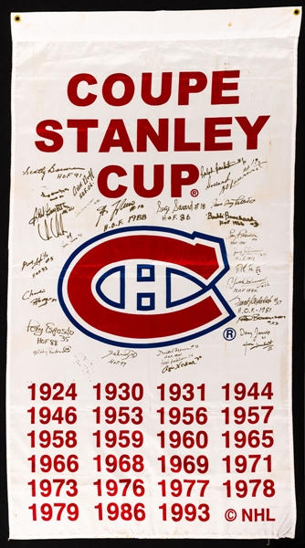Montreal Canadiens 1924-1993 Stanley Cup Banner Signed by 28 Including 17 HOFers, Maurice Richard Signed Montreal Forum Last Game Program and Montreal Forum Closing Ceremonies Framed Display