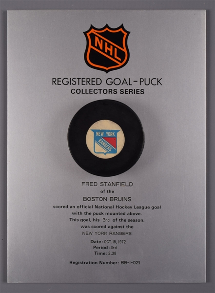 Fred Stanfields Boston Bruins October 18th 1972 Goal Puck on Plaque from the NHL Goal Puck Program - 3rd Goal of Season / Career Goal #128