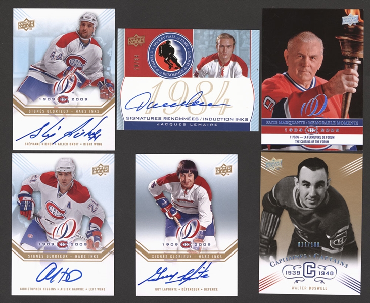 Montreal Canadiens Modern Hockey Card Collection Including 2008-09 Upper Deck Montreal Canadiens Centennial "HOF Induction INKS" Lemaire and "Habs INKS" (3 Cards) Including Guy Lapointe SP