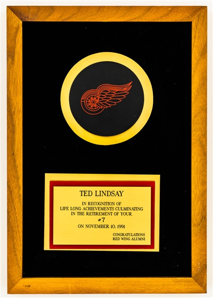 Ted Lindsays November 10th 1991 Detroit Red Wings Alumni Jersey Retirement Award with Family LOA (10" x 14 1/2") 