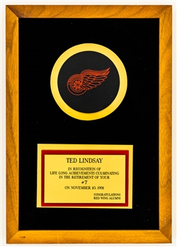 Ted Lindsays November 10th 1991 Detroit Red Wings Alumni Jersey Retirement Award with Family LOA (10" x 14 1/2") 