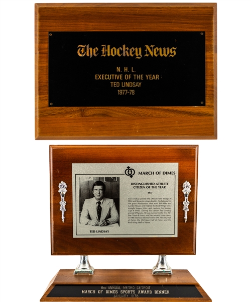 Ted Lindsays 1977-78 NHL Executive of the Year Award, 1978 March of Dimes Sports Dinner Award and 2005 Detroit Red Wings Alumni Association Humanitarian Award with Family LOA 