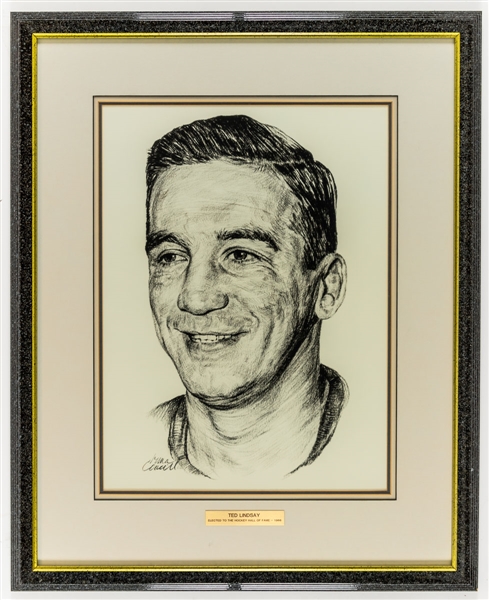 Ted Lindsays Hockey Hall of Fame Framed Portrait Print with Family LOA (23 1/2" x 29")