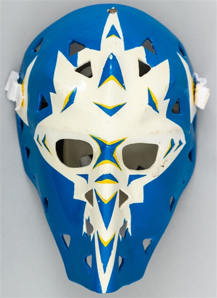 Vintage 1970s/80s Fiberglass Goalie Mask with Blue, White and Yellow Design 