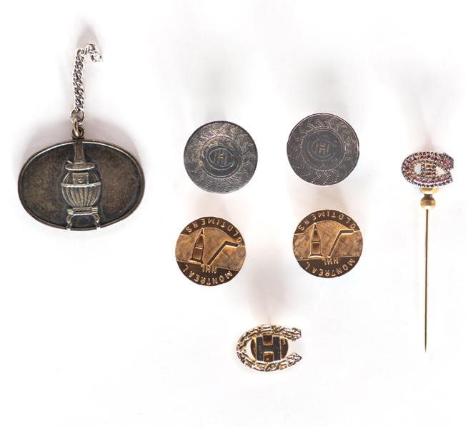 Tom Johnsons Hockey Pin Collection Including Early Montreal Canadiens Pins and Balfour 10K Gold Stick Pin from His Personal Collection with LOA