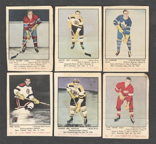 1951-52 Parkhurst Hockey Cards (10) from 1952-53 Parkhurst Wrapper/Box Including Milt Schmidt and Sugar Jim Henry