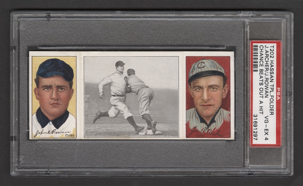 1912 Hassan Triple Folder T202 Baseball Card - James Archer/John Rowan - Chance Beats Out a Hit - Graded PSA 4