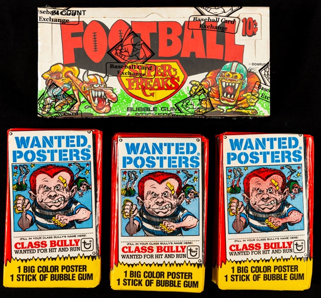 1974 Donruss Football Super Freaks Wax Box (24 Unopened Packs - BBCE certified), 1980 Topps Wanted Posters (49 Unopened Packs) and 1961 Jell-O Car and Airplane Coin Partial Sets