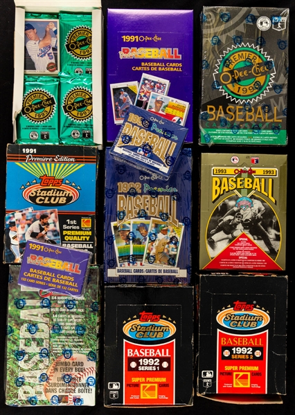 1991 to 1993 O-Pee-Chee Premier, O-Pee-Chee and Topps Stadium Club Baseball Wax Boxes (20 - Some Partial Boxes) Plus Factory Sealed Sets (6)