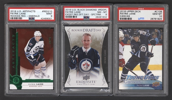 Patrik Laine Hockey Cards (3) Including 2016-17 Black Diamond Exquisite Rookie Draft Day Spectrum Hockey Card #RDD-PL (2/2)(PSA 8) and 2016-17 Young Guns Canvas #C106 Rookie (PSA 10) 