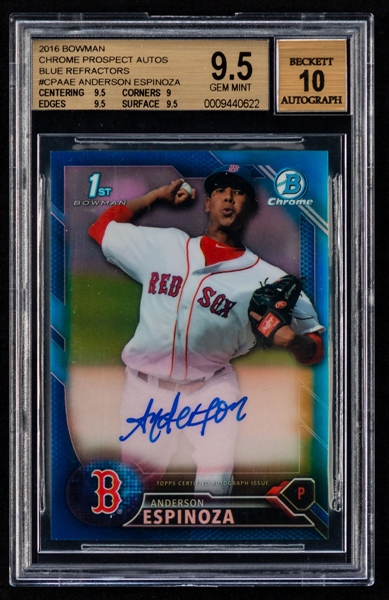 2016 Bowman Chrome Prospect Autographs Blue Refractors Baseball Card #CPA-AE Anderson Espinoza (079/150) - Graded Beckett 9.5