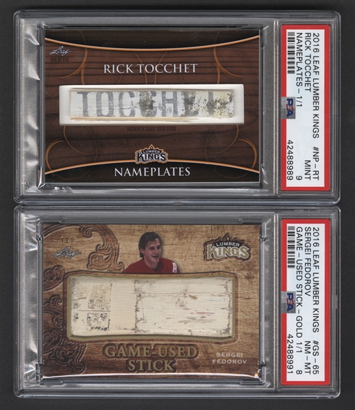 2016-17 Leaf Lumber Kings Hockey Cards #NP-RT Rick Tocchet Nameplates (1/1)(PSA 9) and #GS-65 Sergei Fedorov Game-Used Stick Gold (1/1)(PSA 8)