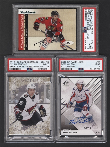 2016-17 UD Priority Signings #PS-JT Jonathan Toews Autograph (2/5)(PSA 9), 2016-17 Exquisite Rookies #R-DS Dylan Strome Spectrum (1/1)(PSA 9) and 2016-17 SP #81 Tom Wilson Autograph (43/43)(PSA 9)