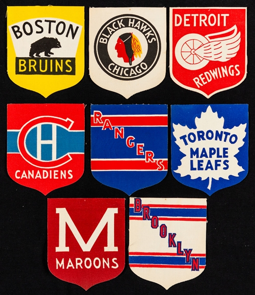 Bee Hive 1934-43 Premium NHL Team Shield / Crest Near Complete Set (8/9) with Original Mailing Envelope and Team Shield Ad