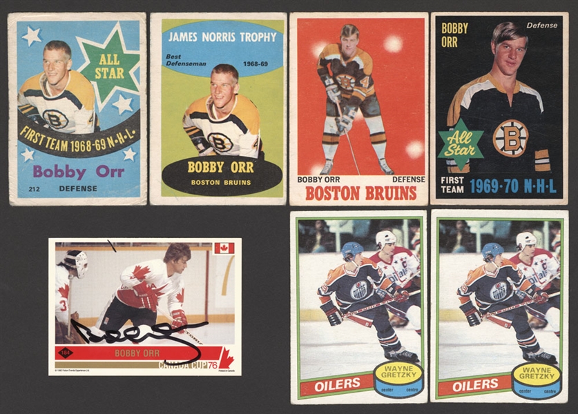 Bobby Orr 1969-70 to 1977-78 O-Pee-Chee/Topps Hockey Cards (48), Wayne Gretzky Cards (8) Including 1980-81 OPC #250 (2), 1972-73 OPC Team Canada (30), Signed Cards (19) & More
