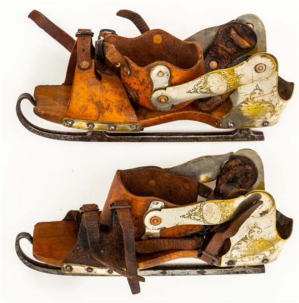 Exceedingly Rare 1860s Blondin Model Ice Skates by Douglas Rogers & Co with Engraved Metal Adornments and Original Hardware