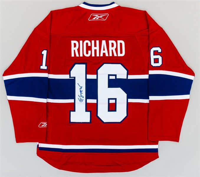 Deceased HOFer Henri Richard Signed Montreal Canadiens Jersey and Howe/Bossy/H. Richard/Beliveau Multi-Signed Limited-Edition Postcard 6/9