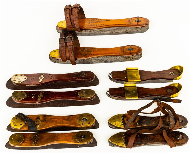 Antique 19th Century Ice Skates with Brass Adornments Collection of 5 Pairs 