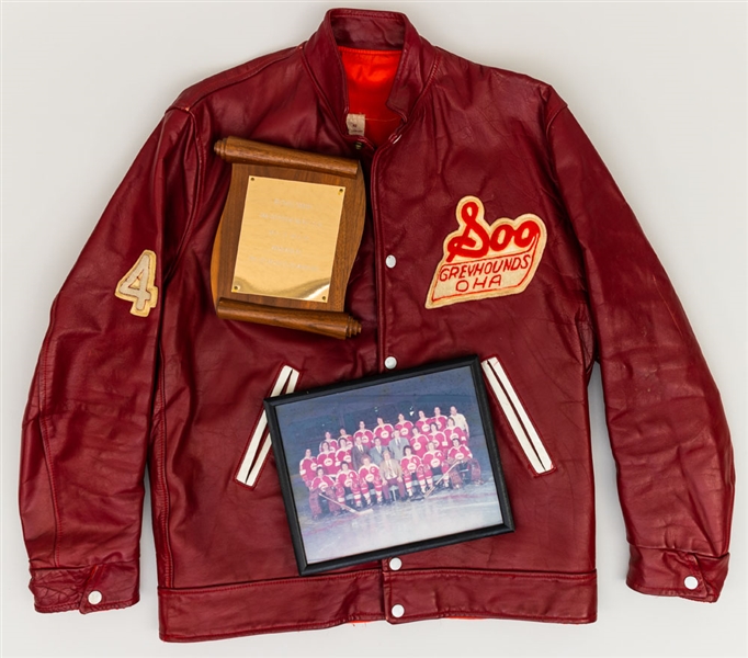 Mike Hordys Mid-1970s OHA Soo Greyhounds Leather Jacket, Team Watch, Presentational Plaque and Framed Team Photo with His Signed LOA