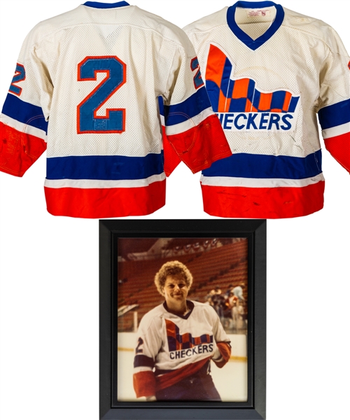Mike Hordys 1979-82 CHL Indianapolis Checkers Game-Worn Jersey (25+ Team Repairs), Team Jacket and Framed Photo with His Signed LOA