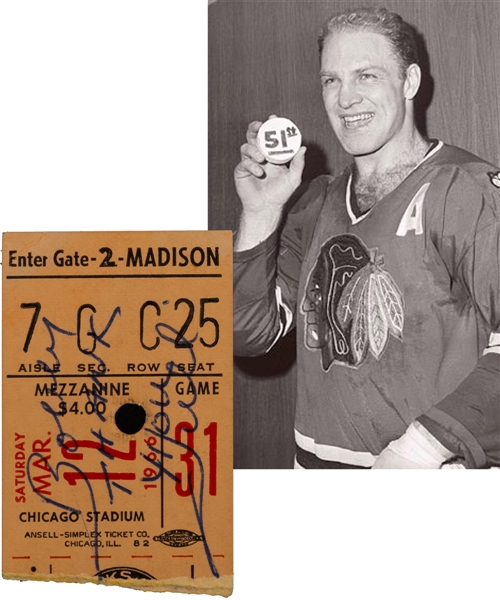 Bobby Hull March 12th 1966 Record-Breaking "51st Goal of Season" Chicago Black Hawks Signed Ticket Stub from Pat Stapletons Personal Collection with Family LOA