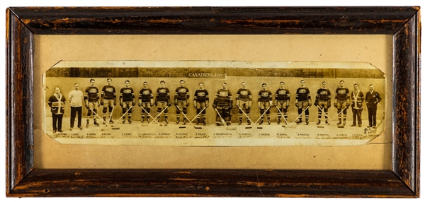 Montreal Canadiens 1930-31 Stanley Cup Champions Framed Miniature Panoramic Team Photo by Rice Studios Featuring HOFers Morenz, Joliat, Hainsworth, Mantha and Dandurand