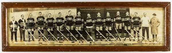 Montreal Canadiens 1929-30 Stanley Cup Champions Framed Panoramic Team Photo Featuring HOFers Morenz, Joliat, Hainsworth, Mantha and Dandurand (8 ½” x 28 ½”)