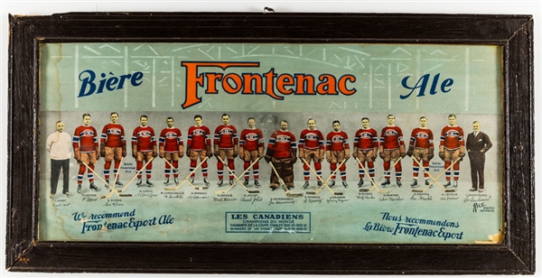 Montreal Canadiens 1930-31 Stanley Cup Champions "Frontenac Beer" Framed Advertising Team Picture Featuring HOFers Morenz, Joliat, Hainsworth, Mantha and Dandurand (16 ½” x 33 ½”)