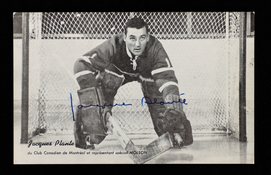 Deceased HOFer Jacques Plante Signed 1950s Montreal Canadiens Postcard with JSA LOA