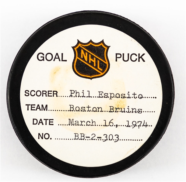 Phil Esposito’s Boston Bruins March 16th 1974 Goal Puck from the NHL Goal Puck Program - Season Goal #62 of 68 / Career Goal #460 of 717 - Three Point Night!  