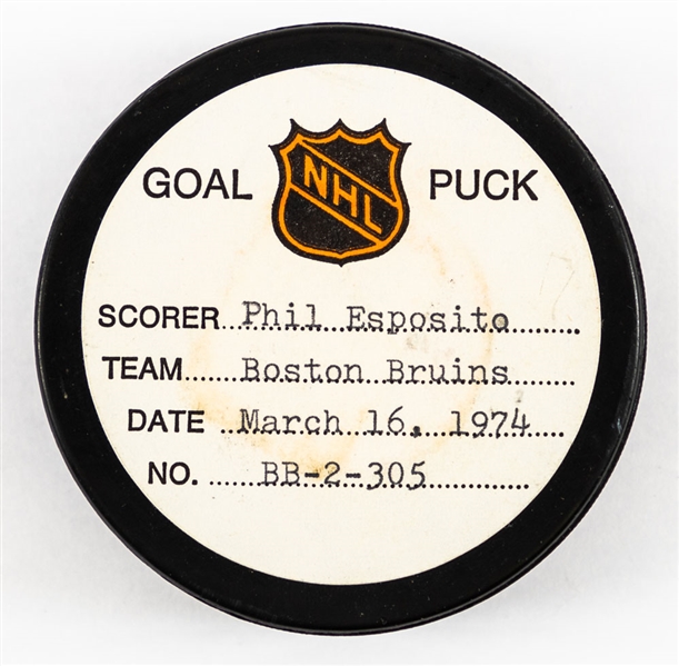 Phil Esposito’s Boston Bruins March 16th 1974 Goal Puck from the NHL Goal Puck Program - Season Goal #63 of 68 / Career Goal #461 of 717