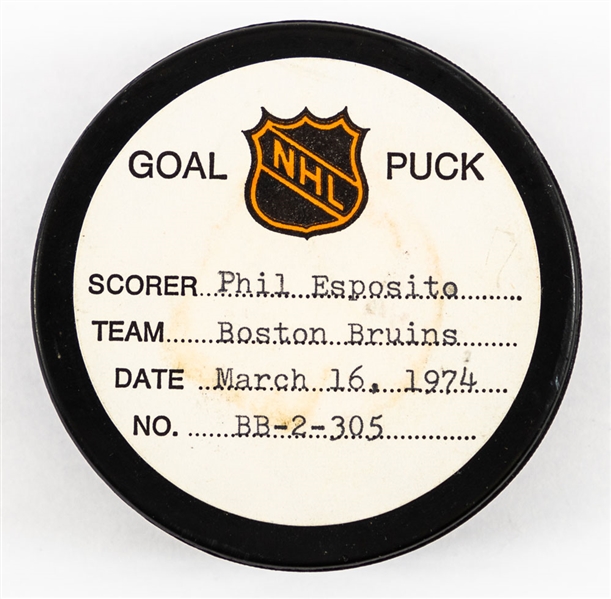 Phil Esposito’s Boston Bruins March 16th 1974 Goal Puck from the NHL Goal Puck Program - Season Goal #63 of 68 / Career Goal #461 of 717