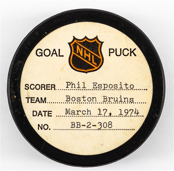 Phil Esposito’s Boston Bruins March 17th 1974 Goal Puck from the NHL Goal Puck Program - Season Goal #64 of 68 / Career Goal #462 of 717 