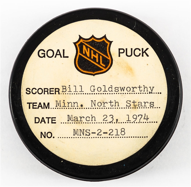 Bill Goldsworthy’s Minnesota North Stars March 23rd 1974 Goal Puck from the NHL Goal Puck Program - Season Goal #45 of 48 / Career Goal #207 of 283 – 3rd Goal of Hat Trick 