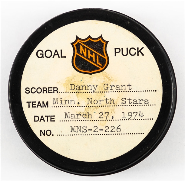 Danny Grants Minnesota North Stars March 27th 1974 Goal Puck from the NHL Goal Puck Program – Season Goal #28 of 29 / Career Goal #178 of 263