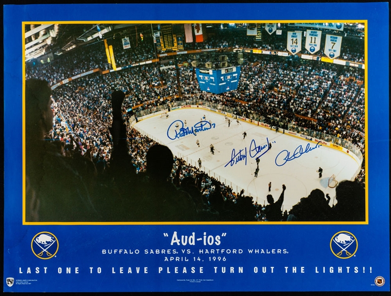 Buffalo Sabres "The French Connection" Triple-Signed "Aud-ios" Last Game at the Aud Poster with LOA - Signed by Gilbert Perreault, Richard Martin and Rene Robert (18" x 24") 