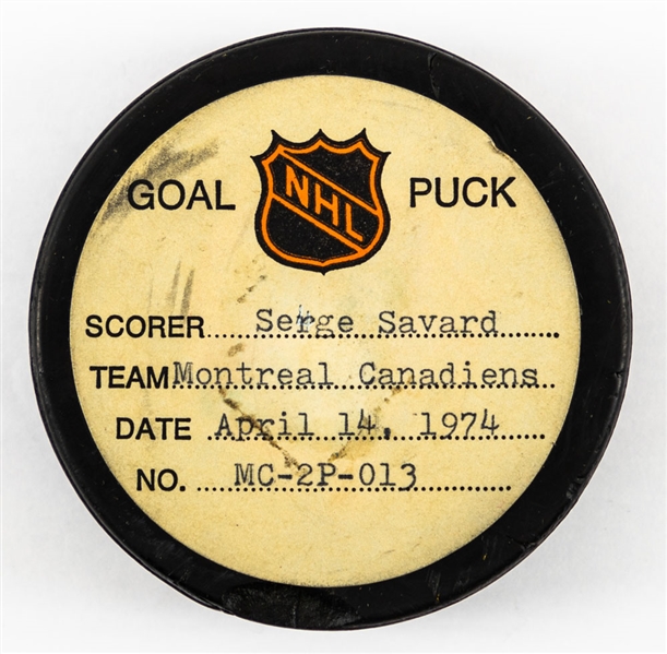 Serge Savard’s Montreal Canadiens April 14th 1974 Playoff Goal Puck from the NHL Goal Puck Program - Season POG #1 of 1 / Career POG #10 of 19 – Only Goal of Playoffs  
