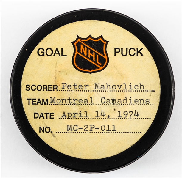 Peter Mahovlich’s Montreal Canadiens April 14th 1974 Playoff Goal Puck from the NHL Goal Puck Program - Season POG #2 of 2 / Career POG #16 of 30 – Assisted by Frank Mahovlich and Serge Savard